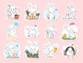 Vector set of beautiful children stickers with cute little white bunny character sitting, smiling, walking isolated. Royalty Free Stock Photo